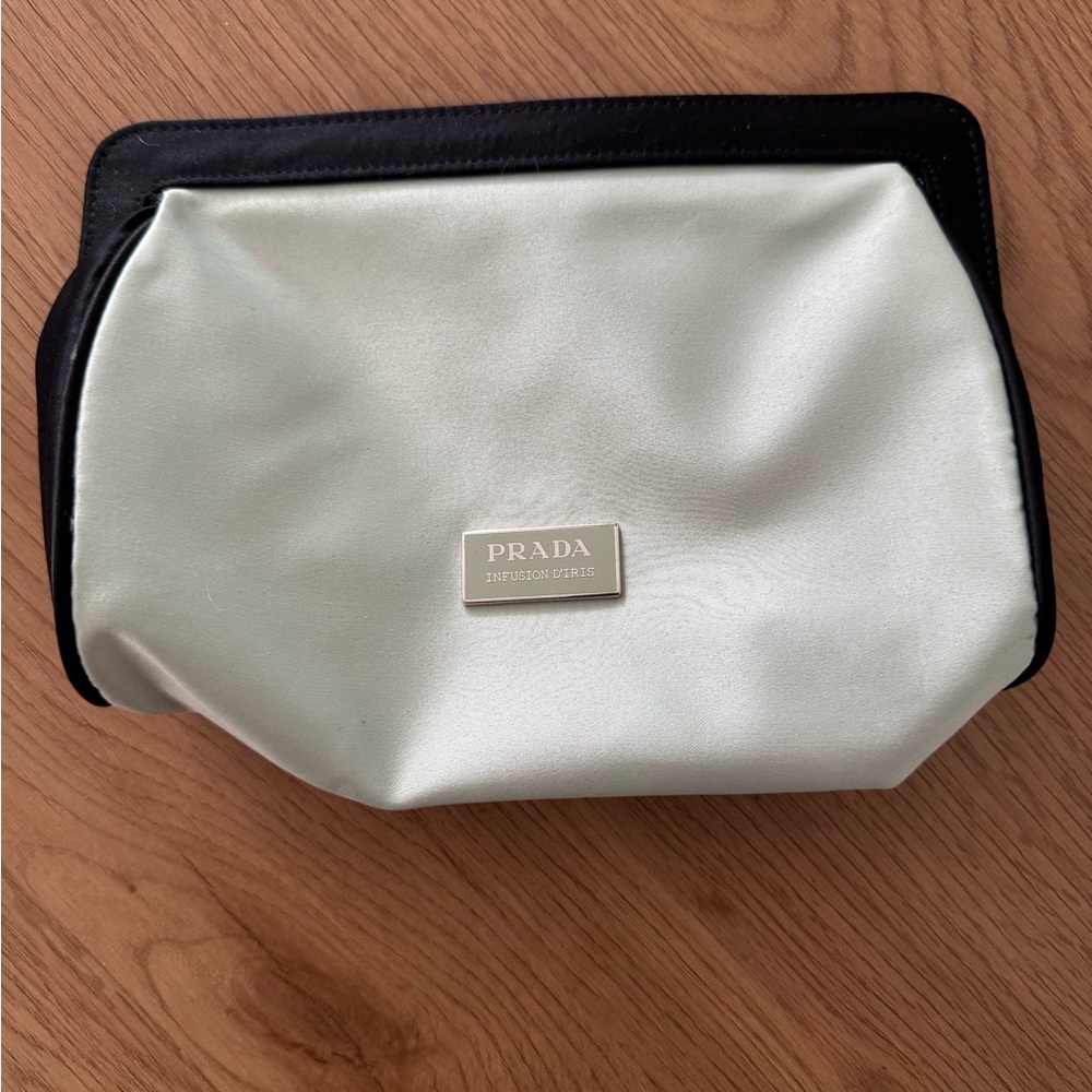 Prada Satin Cosmetic Pouch in Light Mint with Black Logo Plaque
